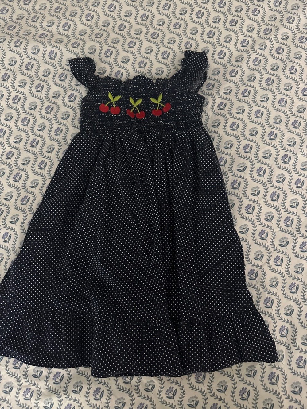 Girls Navy Polka Dot Dress with Cherry Embroidery